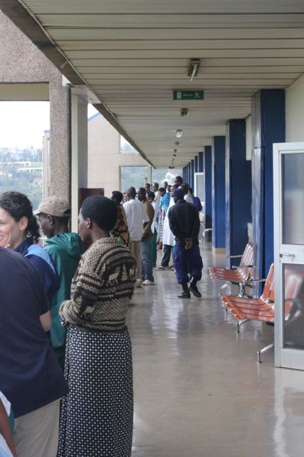 patients, families and staff all watching the helicopter